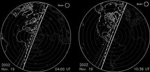 Earth from the perspective of the meteor shower at the peak of both 2002 storms