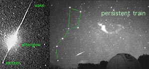 Examples of meteor afterglow and persistent train